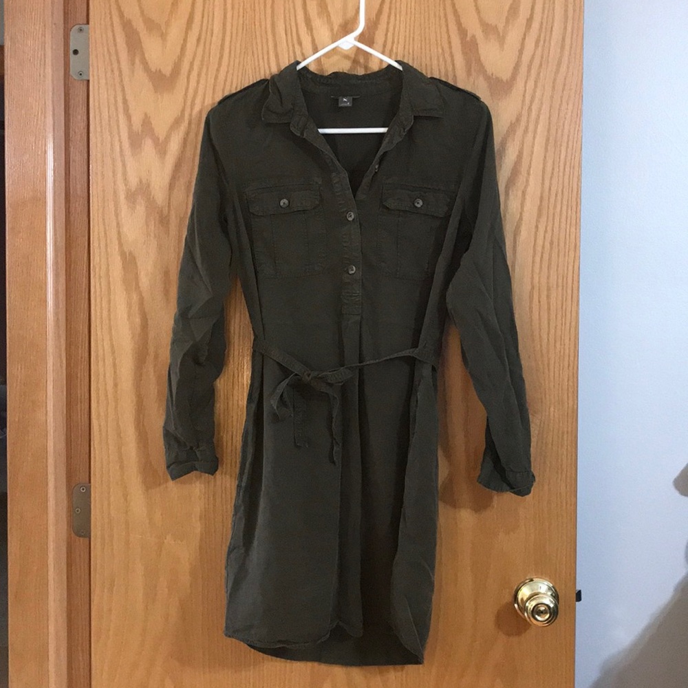Olive long sleeve shirt dress with tie waist